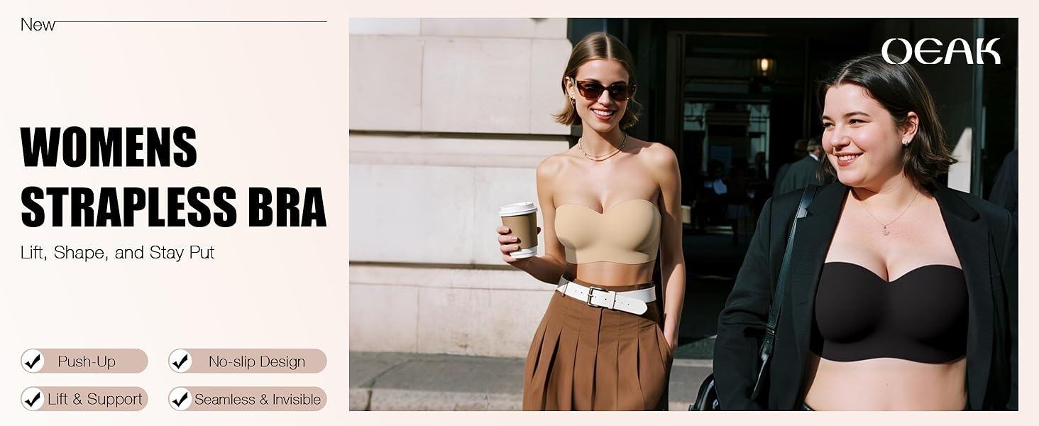 OEAK Womens Strapless Bras Wireless Non-Slip Tube Top Push Up Bralette Seamless Padded Bandeau Bra Everyday Convertible Bra