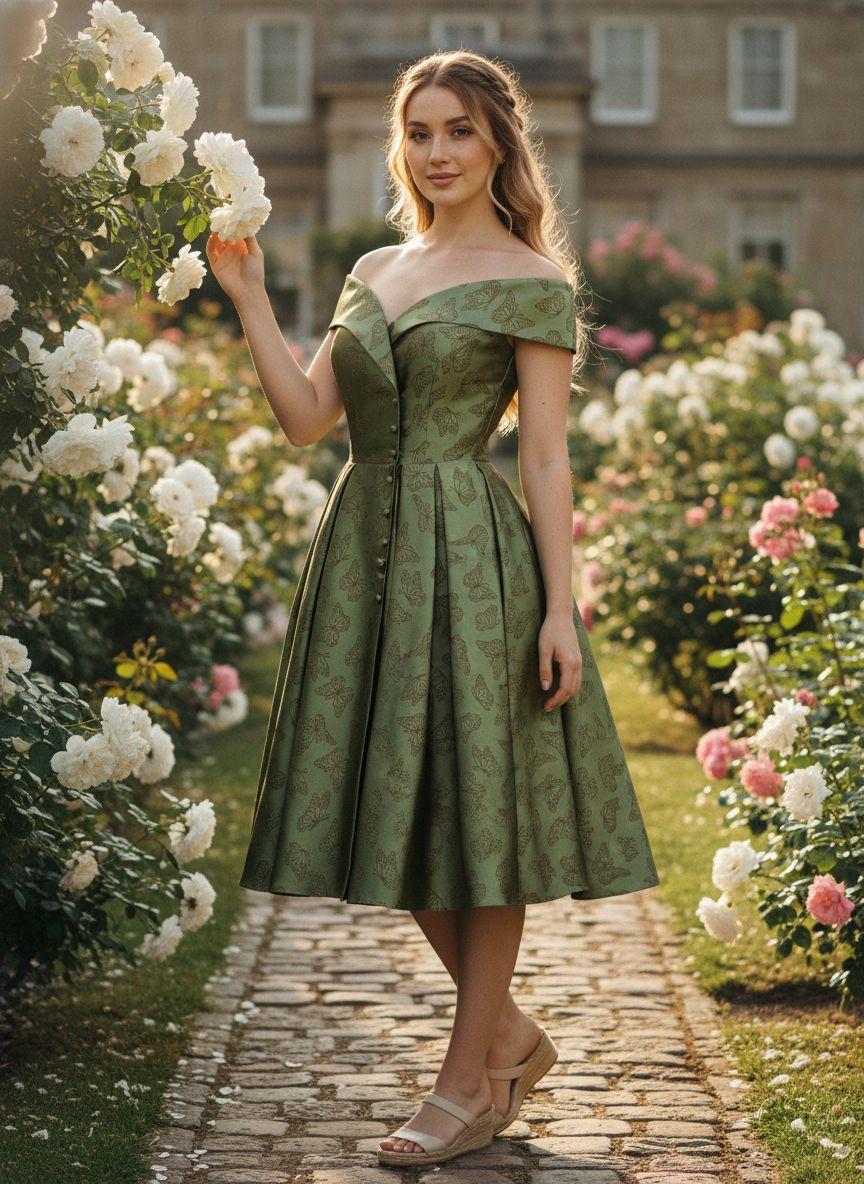 Green 1950s Off-Shoulder Vintage Dress Formal Womenswear Sleeveless Floral Valentine's Day Summer Holiday Dress wedding guset with Back Concealed Zipper Knee Length