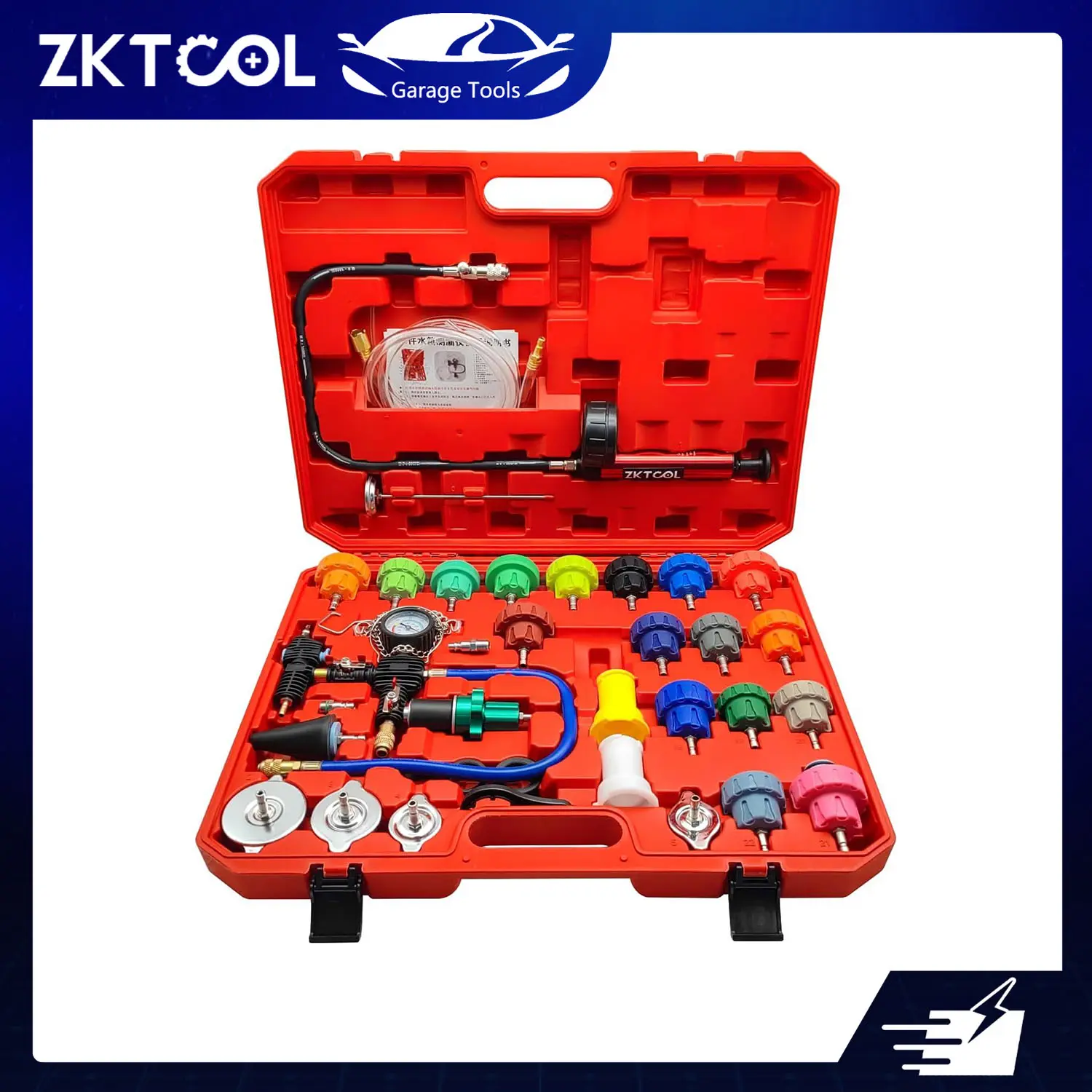 ZKTOOL 34-Piece Universal Radiator Pressure Tester Kit - Car Diagnostic Tool for Cooling System Pressure Check, Leak Test, Vacuum Refill, Heavy-Duty Manifold Gauge Kit for Domestic/Import Vehicles
