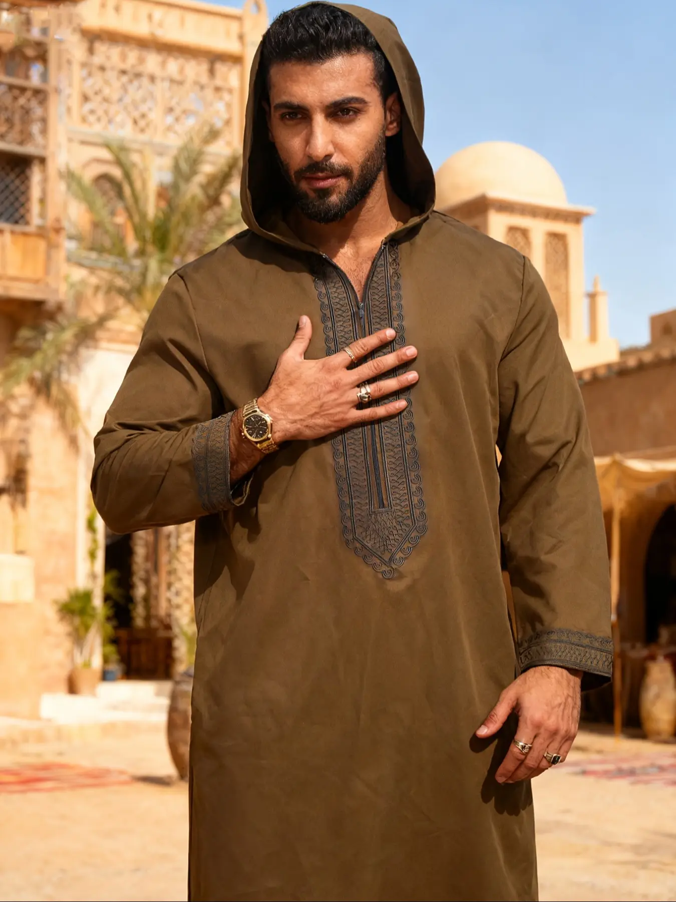 Muslim Traditional Long Robe Thobe, Islamic Robe, Deep Hooded Embroidered Zipper Decor, Loose-Fitting Arabic Clothing, Loose Fit Jubba, for All Seasons