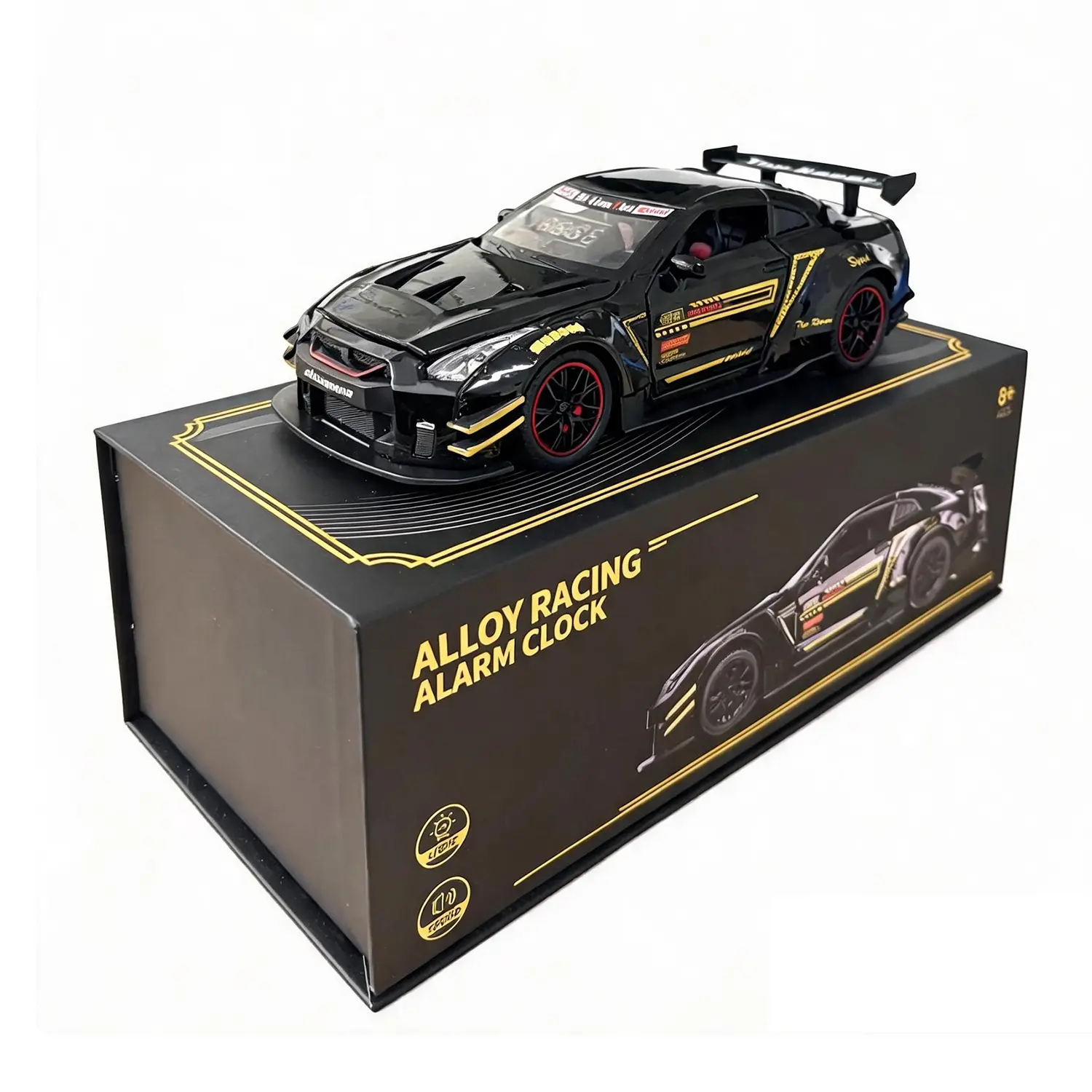 Halloween (Black) Racing Car Digital Alarm Clock - Premium Die-Cast Metal Alloy Shell Home Decor Electronic Clock, LED Display, Tail Lights, Wireless Remote, Snooze, Kids' Car Enthusiasts' Birthday Gift, (Black) Racing Car Alarm Clock