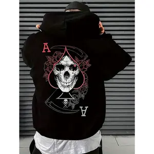 Viral Skull & Ace of Spades Hoodie |   Men's Dark Street Style Pullover, Reaper Rose Graphic, Loose Fit Drawstring Hoodie