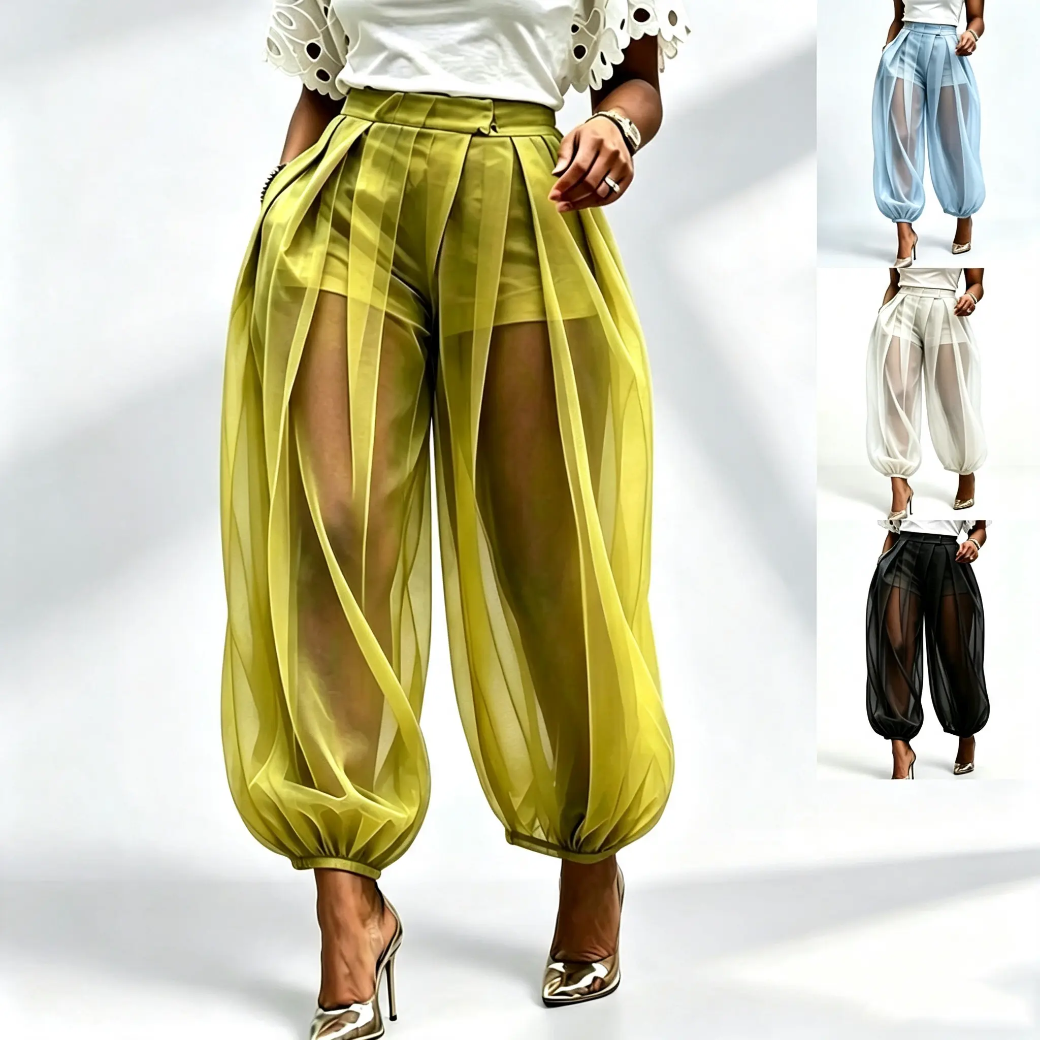 Women's High Waist Lightweight Pleated Sheer Mesh Balloon Pants - 4-Color Oversized Baggy Harem Style with Built-in Shorts, Eyelet Button Details, Crop Top Compatible Beach Cover Up for Vacation Green Minimalist Preppy Chic Casual Basics Womenswear