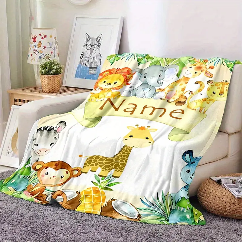 Customized Name Personalized Chunky Knit Blanket - Jungle Animals Theme, All Seasons, Machine Washable, Travel Ready, Ideal for Camping & Sofa Home Decor, Festive Home Supplies