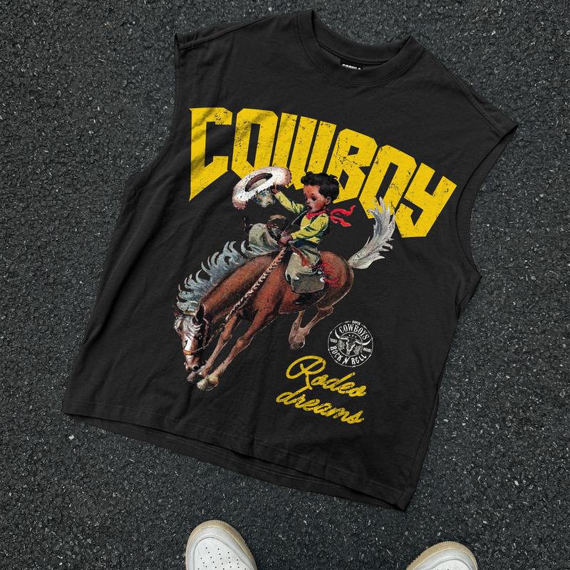 Sopula Studio Men's Cowboy Rodeo Dreams Print Graphic Tank Top Sleeveless Casual Crewneck Workout Tanktop Horse Black