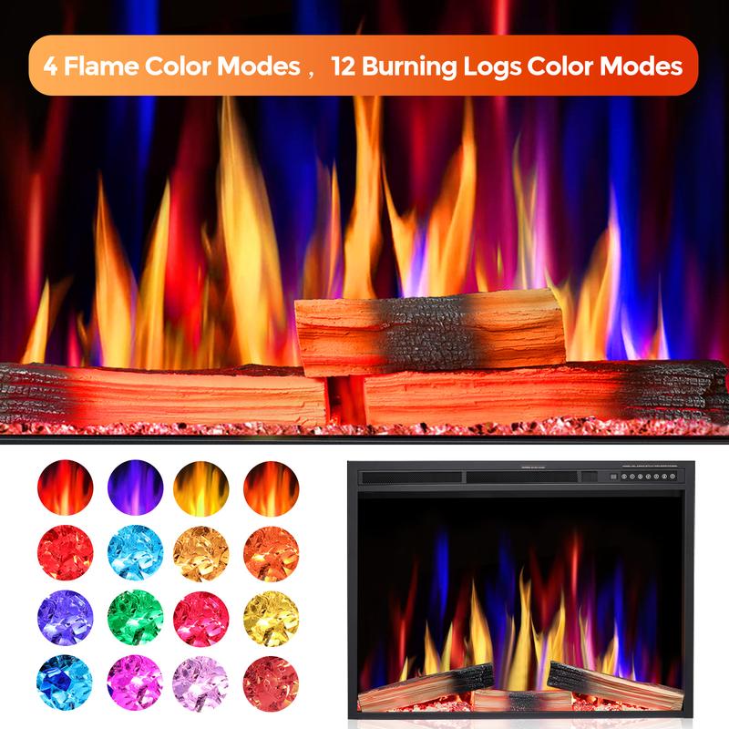 R.W.FLAME 36"&39'' Electric Fireplace Insert, Adjustable 5 Flame Colors, 12 Log Colors, 5 Flame Speeds and Brightness, Remote Control, Timer, Adjustable Temperature from 50°F to 99°F, 750W/1500W