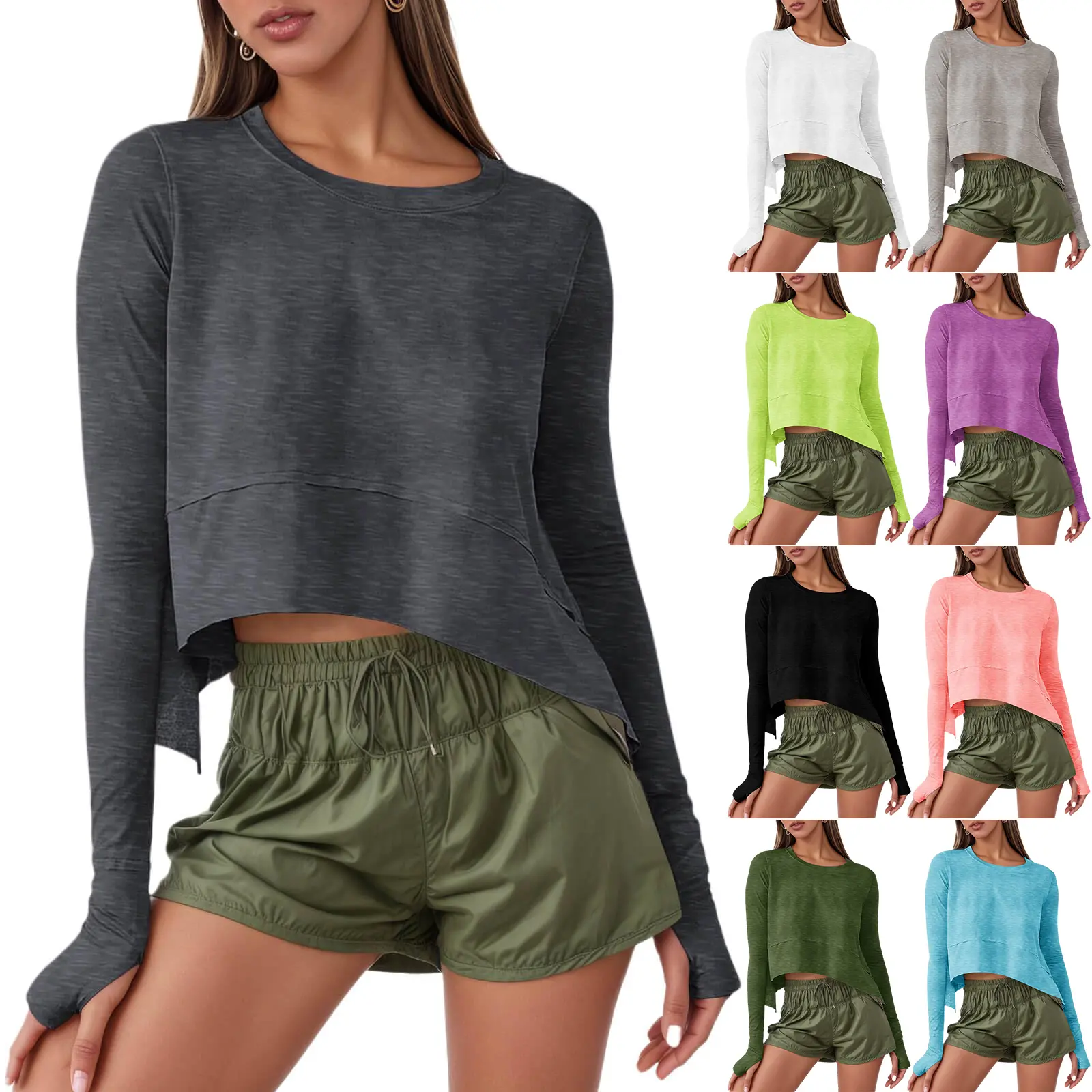 Cicy Bell Womens Long Sleeve Cropped Tops Loose Workout Athletic T-Shirts Flowy Sweatshirt for Yoga Tiered Hem Gym Tees