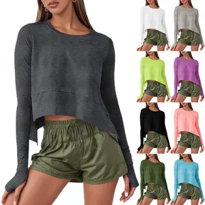 Cicy Bell Womens Long Sleeve Cropped Tops Loose Workout Athletic T-Shirts Flowy Sweatshirt for Yoga Tiered Hem Gym Tees