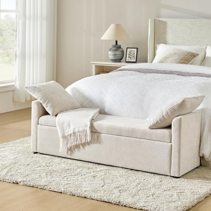 Hulala Benito 59.4" Wide End Of Bed Storage Couch Bench With Two Throw Pillows, Thick Foam Cushions, Comfort and Support, Stylish Storage Solution, Diverse Applicability, Suitable for Seniors to Sit on, Living Room Folding Storage Bench