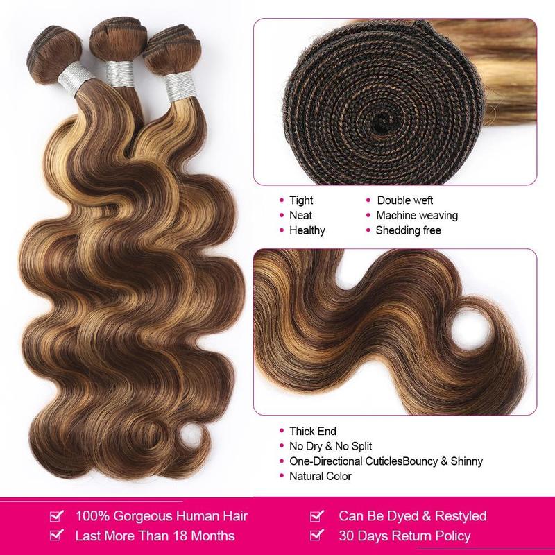 P4/27 Honey Blonde Body Wave Bundles Brazilian Straight Virgin Human Hair Piano Color Highlight Loose Deep Wave Extensions for Sew In