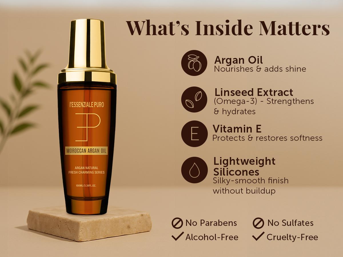 LEPURO Dubai Premium Elixir - Moroccan Argan Oil for Silky Hair & Skin - Lightweight Hydrating Hair Oil & Body Serum - Cosmetics Imported From Dubai - Boosts Shine, Smooths Frizz, Moisturizes Skin - Hair Treatment Oil For Women & Men, 100mL (3.38 Fl Oz)