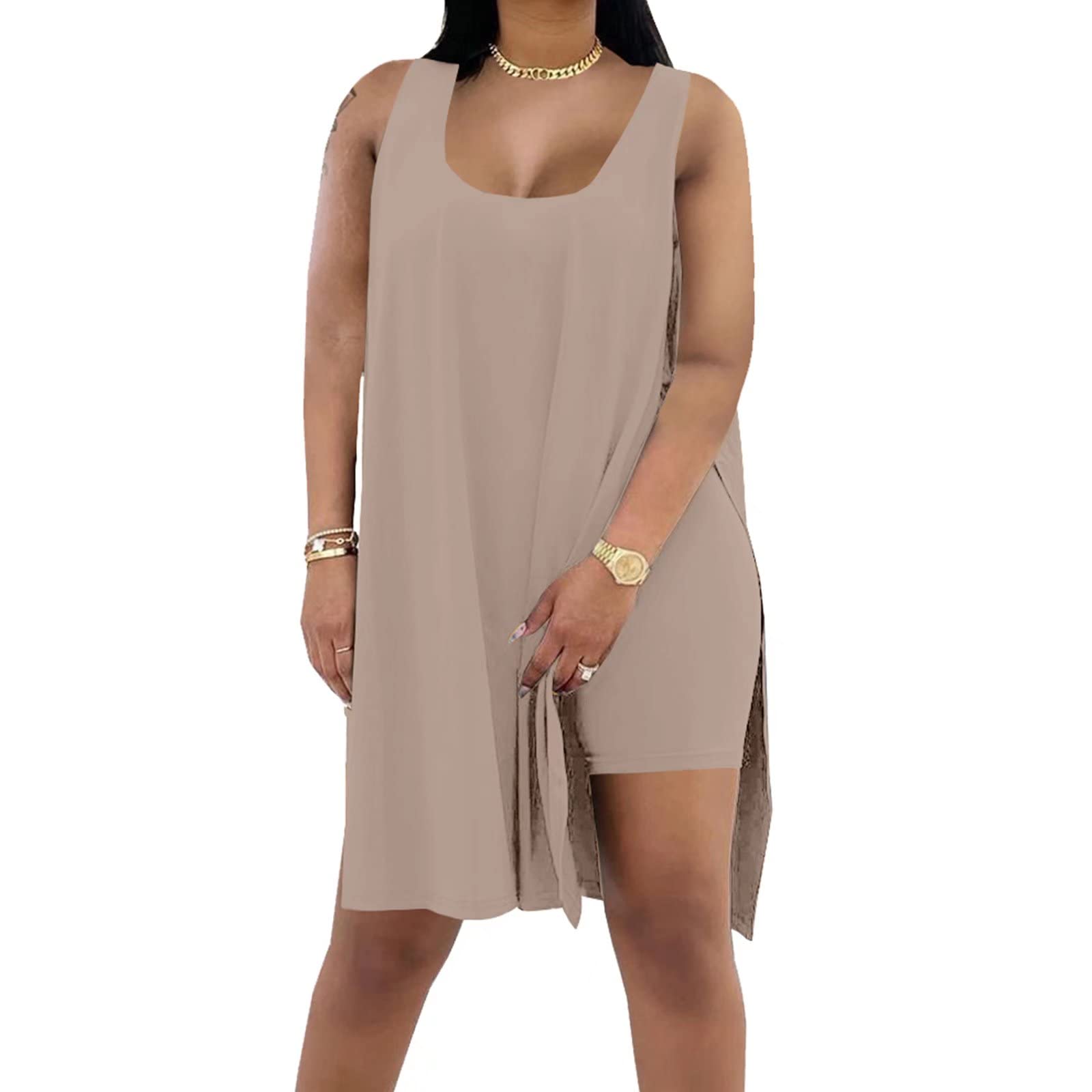 Women's Plus Size 2 Piece Outfits Sleeveless Tunic Tops and Bodycon Biker Shorts Sets Tracksuits Womenswear Casual Clothing Garment