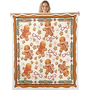 Cute Gingerbread Man Throw Blanket Cartoon Christmas Soft Fleece Sherpa Cozy Fuzzy Plush Warm New Year Fuzzy Plush Throw Queen