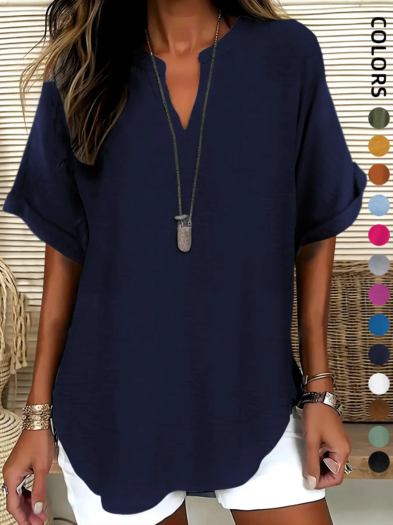 Women's Simple Basic Vintage Elegance Solid V-Neck Short Sleeve Batwing Shirt Blouses, Casual Loose-Fitting Lightweight Pullover, 100% Polyester, All Seasons Fashion Top Minimalist, Casual Daily Tops