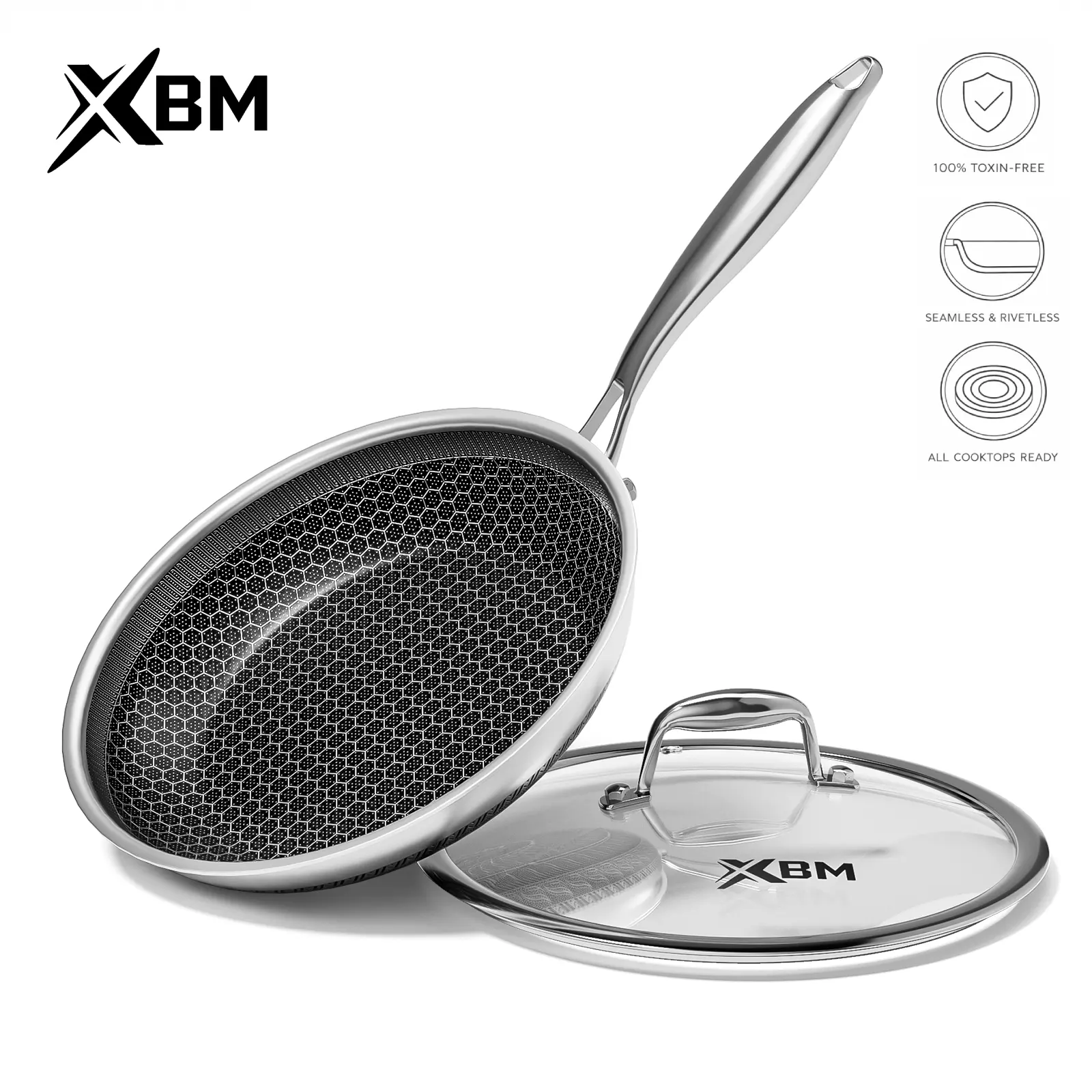 XBM Hybrid Nonstick Frying Pan - 3-Layer Stainless Steel Honey Comb Skillet, PTFE/PFOA-Free Ceramic Anti-Adhesive Surface, Smooth Base, Stay-Cool Handle, Tempered Glass Lid, Induction & Oven Safe Cookware Set, Nonstick Skillets