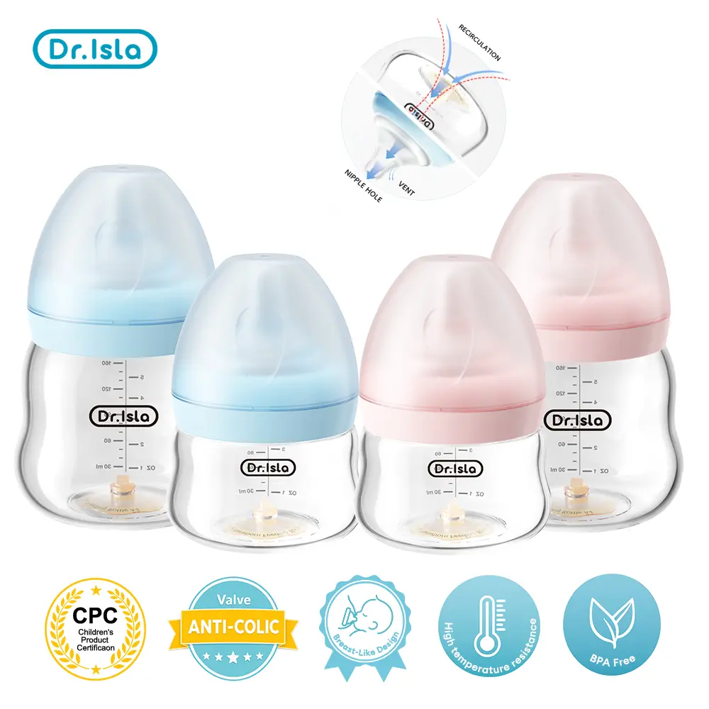 Dr.Isla Air-Balance Glass Baby Bottle, Anti Colic Nursing Bottle, Breast-like Nipple, Spit-up & Reflux Relief, Natural Response No-Leak Nipple, Wide-Mouth, Newborn 0-12M, 3oz/5oz, Bubble-Free Vent, Gas Relief, 1112°F Borosilicate Glass