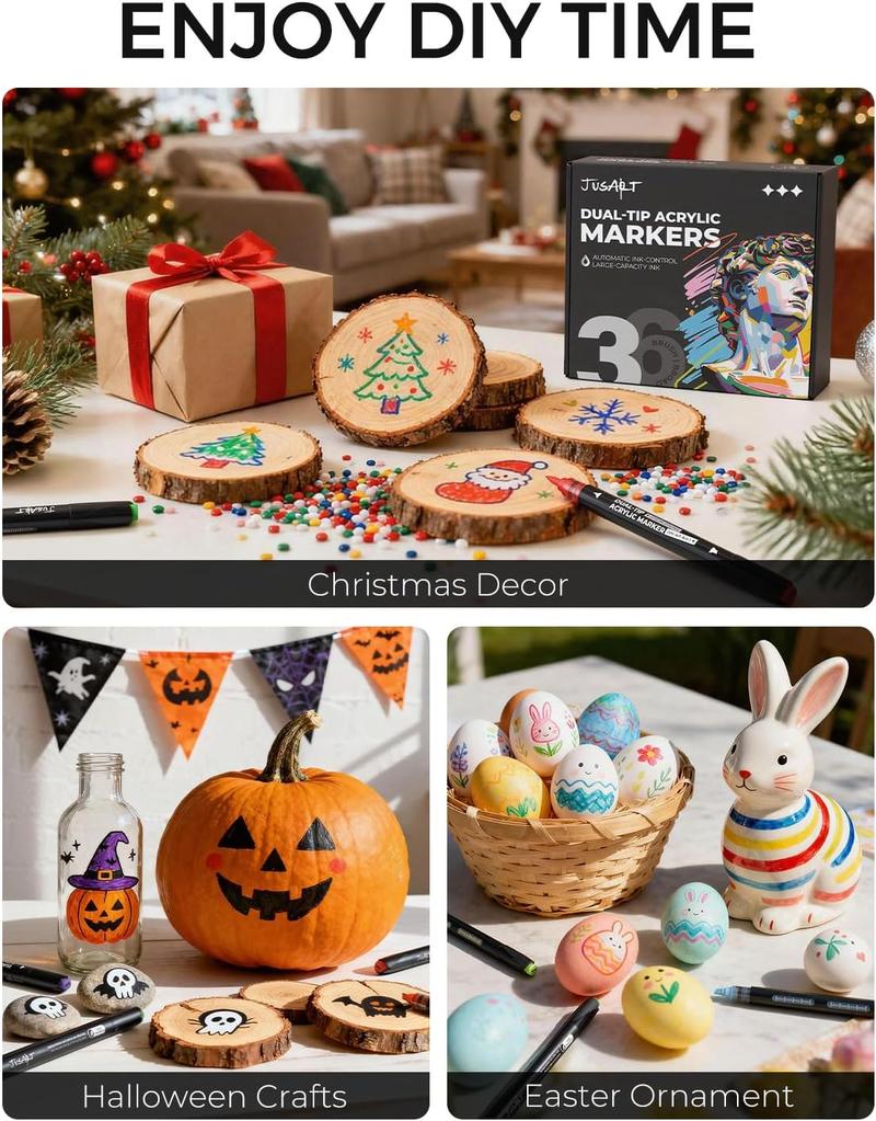 [JusArt] 60/36 Colors Dual Tip with Broad Tip and Brush Tip Pens, Automatic Ink Control Acrylic Paint Markers, Premium Paint Pens for Various Surfaces, Acrylic Paint Markers, Markers for Coloring, Art Supplies, Acrylic Marker, Coloring Supplies