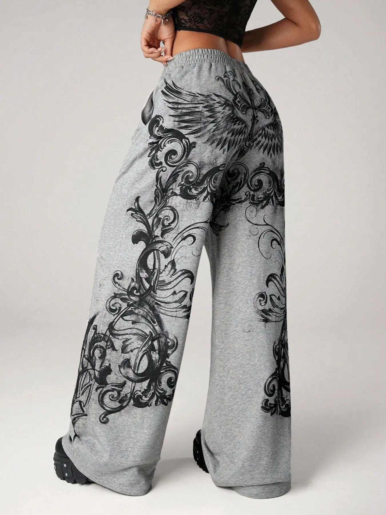 Gothic Wing Print Elastic-Waist Wide-Leg Baggy Oversized Sweatpants, Y2K Grunge & Edgy Aesthetic Loose Fit Versatile Streetwear Casual Comfy Baggy