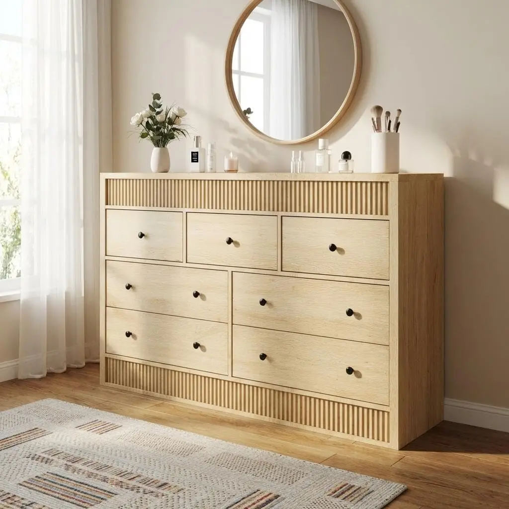 Garvee Wooden Fluted Dressers with 6 or 7 Drawers, Available in Natural Oak or Walnut Finishes, Designed for Bedroom, Living Room, Hallway, and Entryway Storage and Organization