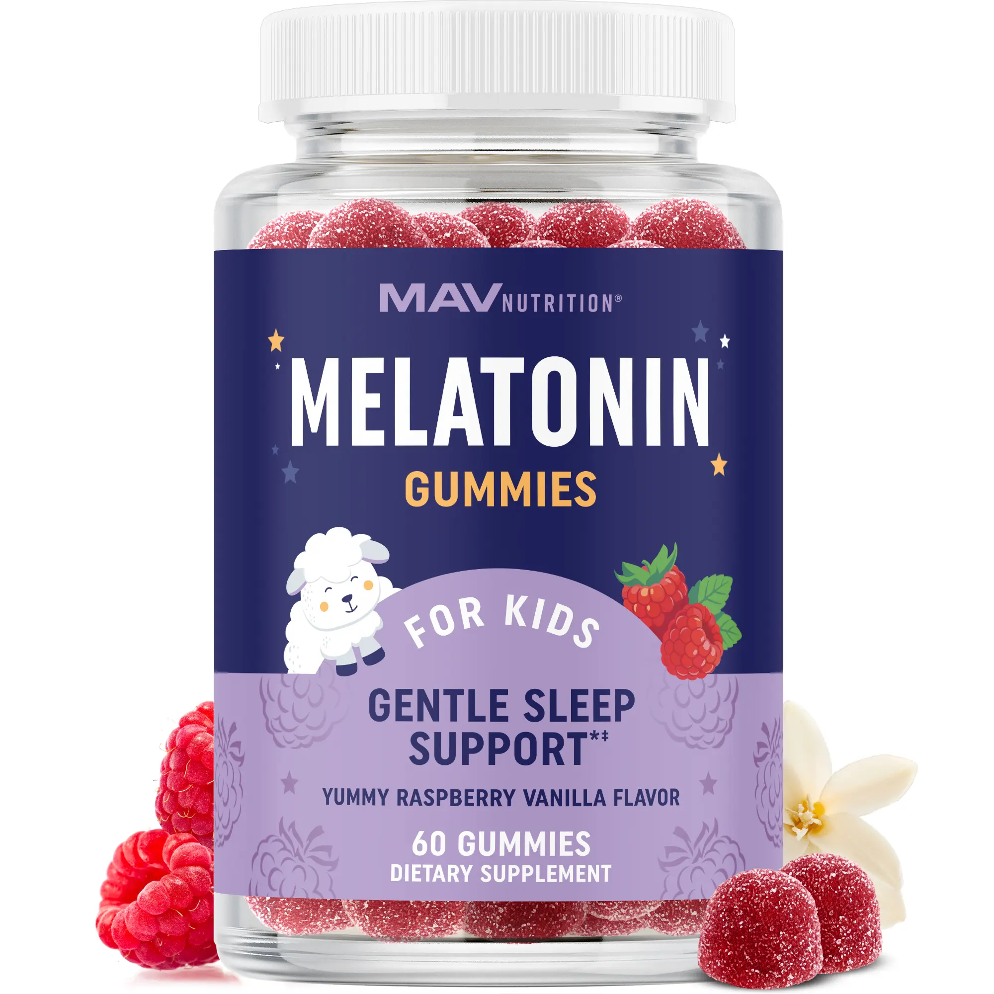 MAV Nutrition Kids Melatonin Vitamin Gummies, 1 mg Gentle Sleep Support with Herbal Blend, Non-Habit Forming for Ages 4+, Raspberry Vanilla Flavor, Vegan, Gluten-Free, Non-GMO, 60 Ct