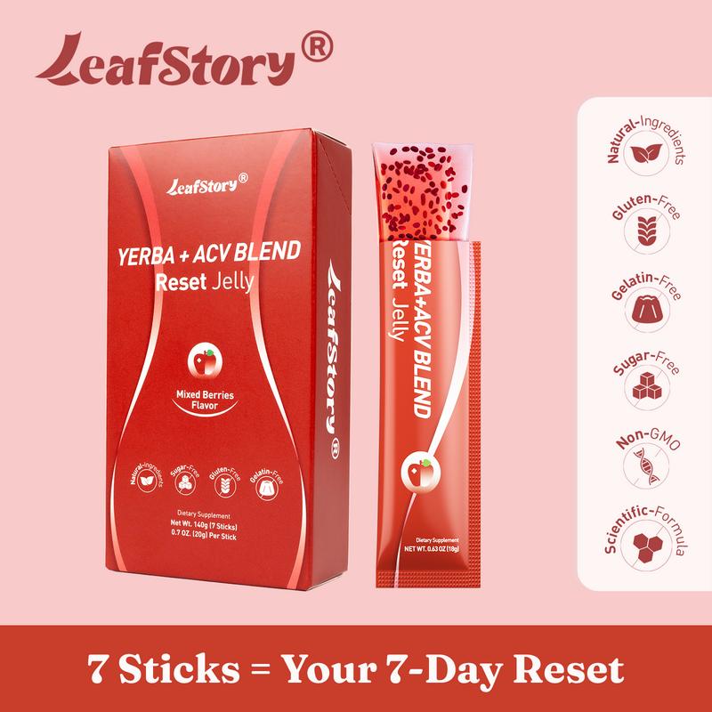 【Only 9.9】LeafStory Yerba + Apple Vinegar Reset Jelly（7 Sticks) : Mixed Berry Flavor, Support Digestion, Gut Health, and Metabolism, Debloat, Natural Ingredients , Sugar-Free, Gluten-Free, Non-GMO, Gelatin-Free-S1