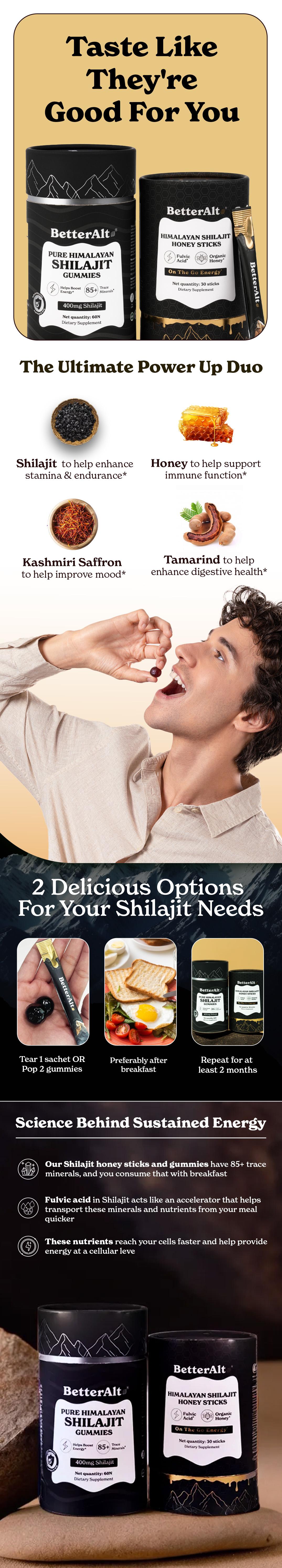 BetterAlt Ultimate Power Up Duo | Shilajit GOLD+ Honey Sticks + Shilajit Gummies | 3rd-party Lab Tested | Metabolism & Energy | Himalayan Supplement