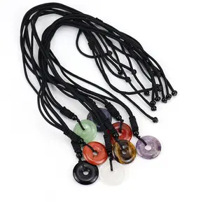 [Quiet Light] Peace Circle (Pi Stone) Crystal Pendant Necklace - A Symbol of unity, balance, and continuous energy - Adjustable Cord - Lapis Lazuli, Rose Quartz, Obsidian, Tiger's Eye, Clear Quartz, Red Agate Options