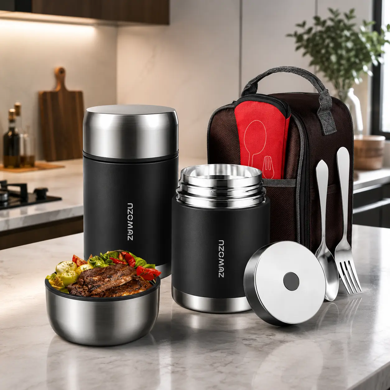 ZUWOZU 20/27/33/40oz Vacuum Insulated Food Jar for Hot & Cold Food, Wide Mouth Leak-Proof Soup Container with Spoon and Fork, Stainless Steel Thermal Lunch Box & Food Container for Adults, Ideal Gift for Office, Travel, Outdoor Daily Use