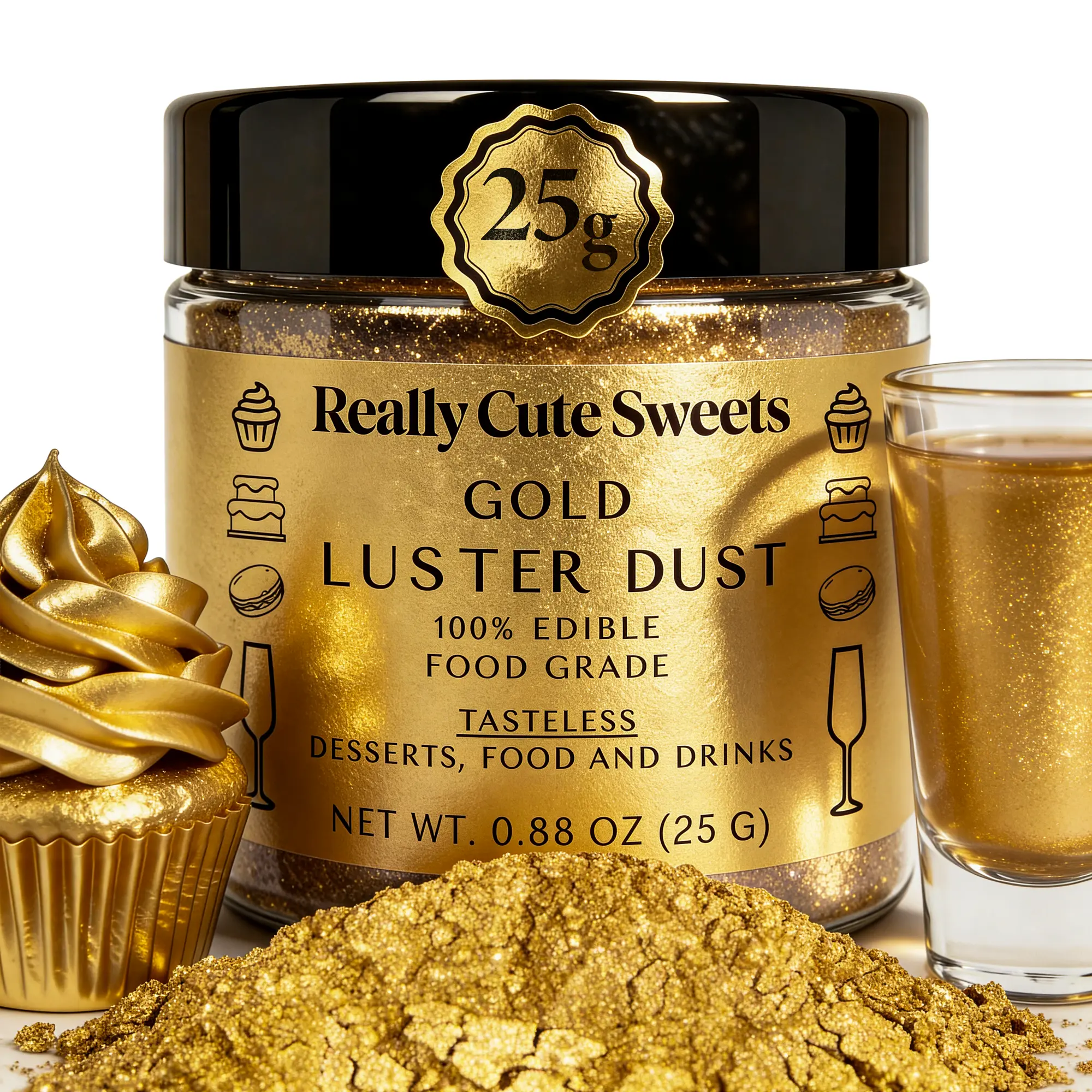 REALLY CUTE SWEETS Edible Gold Luster Dust for Drinks and Desserts bulk size (25g) - Fine Shiny Powder, Dust for Cake Decorating, Baking, Shimmer Food Powder