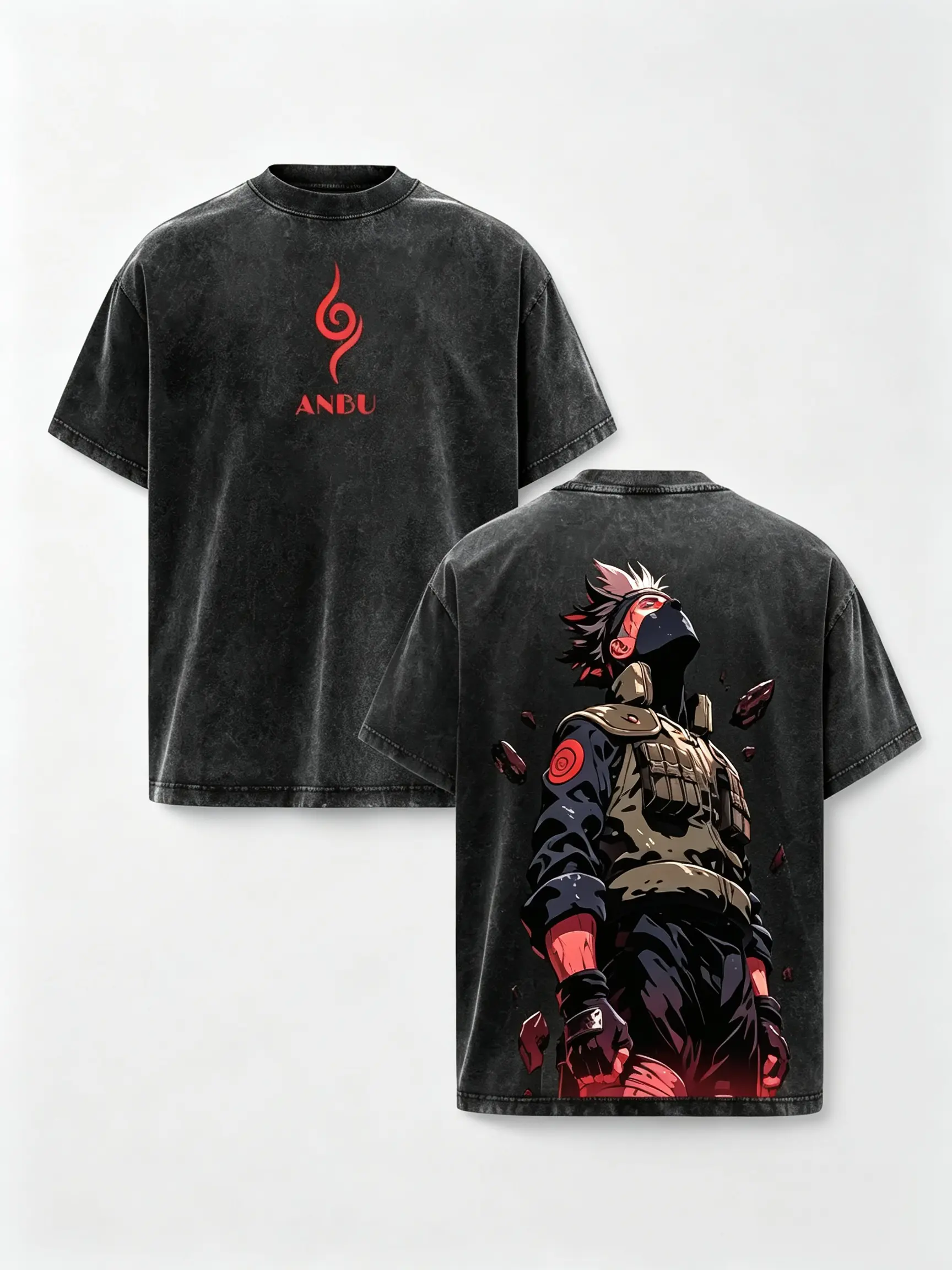 Men's Naruto Kakashi ANBU Double-Printed Oversized Heavyweight Distressed Fabric Breathable Short-Sleeve Cotton , Unisex 90s American Casual Top for Anime Fans (Daily & Streetwear Use) graphic shirts day funny meme tee