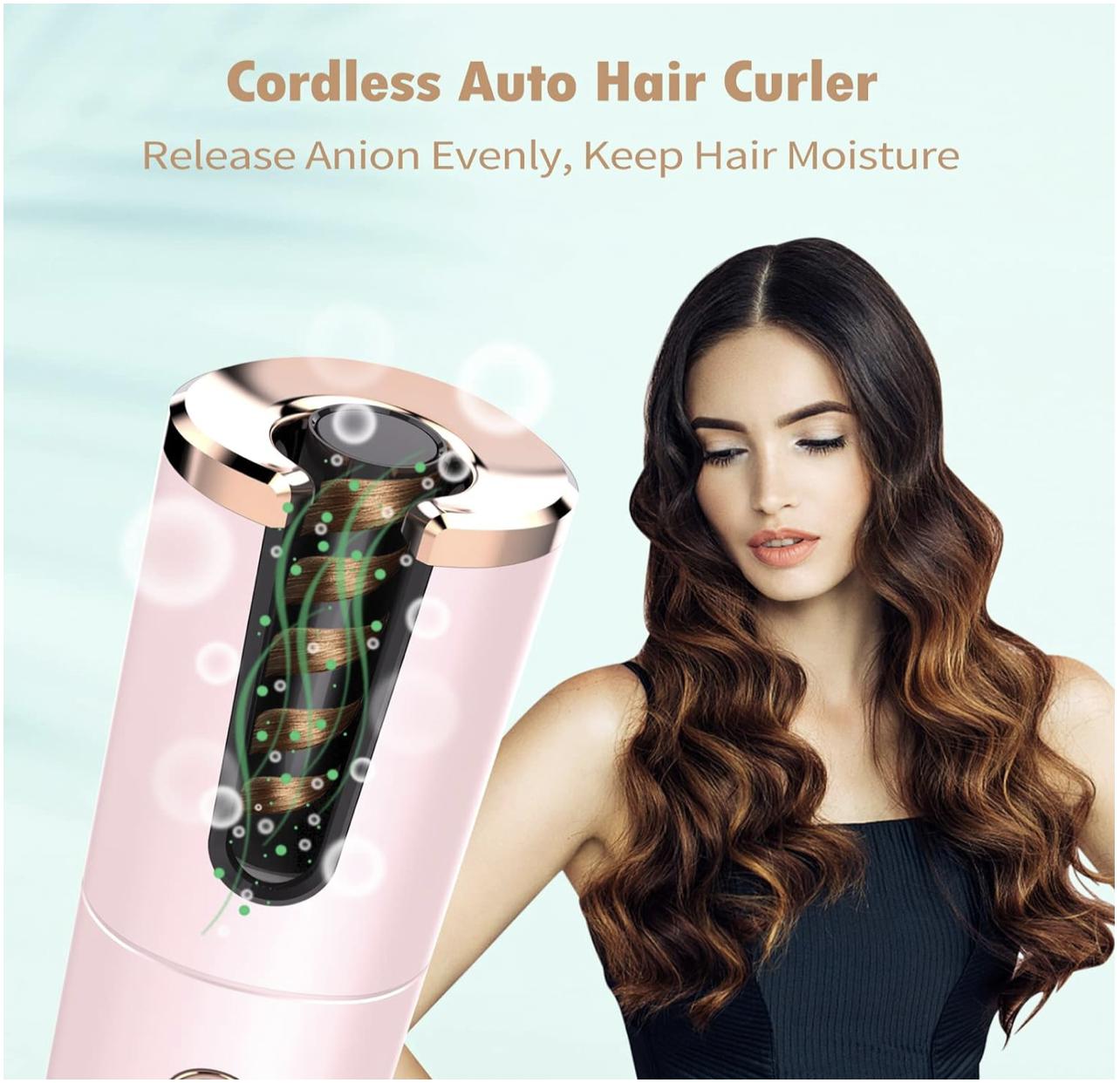 Cordless Automatic Hair Curler, Auto Curling Iron with LCD Display Adjustable Temperature & Timer, Ceramic Hair Curler USB Charging and Rechargeable, Portable Hair Styler for Travel (Pink)
