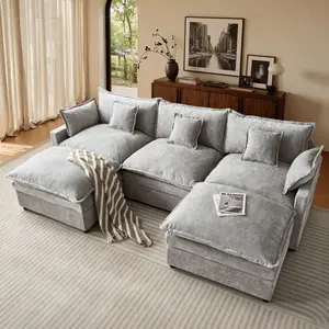 XIZZI 108" U Shaped Oversized Modular Corduroy Sectional Cloud Couch with 2 Ottoman, 5-Seat Chenille Deep Seat Sofa with 5 Pillow for Living Room, Bedroom and Apartment Easy Assembly Design