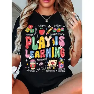 Play is learning teacher T-shirt - vibrant educational pattern print, breathable summer casual top, machine-washable round neck design, Teacher's Day gift, teacher shirt, casual wear, stretch fabric