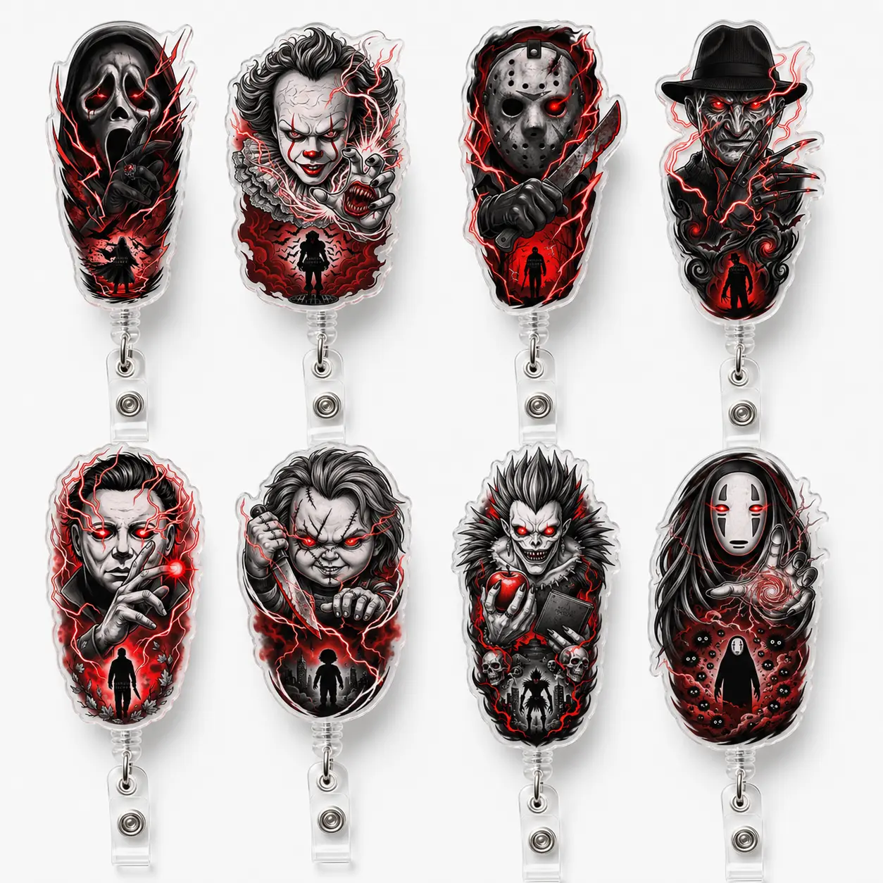 Horror Movie Character Acrylic Badge Reel, 2D Scary ID Holder, Retractable Clip for Nurses & Horror Fans