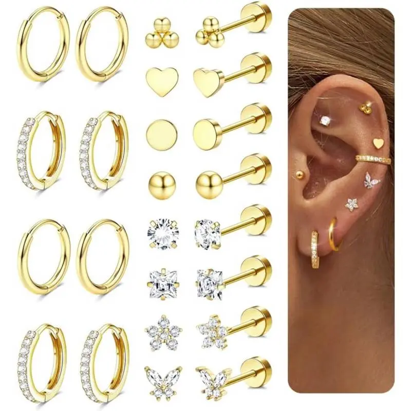12 Pairs Hypoallergenic Surgical Steel Earrings for Sensitive Ears 14K Gold Plated Flat Back Earrings for Women Men Small Stainless Steel Earrings Flatback Stud Hoop Cartilage Earring Set for Multiple Piercing