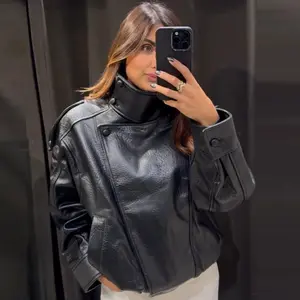 Black PU Leather Jacket Women's jacket autumn 2025 Oversize Asymmetrical Zipper outerwears new in coats & jackets long sleeve Biker Jacket Street Style Jacket  puffer