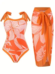 Women's three-piece swimsuit: vibrant orange floral tie-up one-piece with mesh cover-up, high elasticity, skin-friendly, slimming effect, women's summer vacation yacht outfit