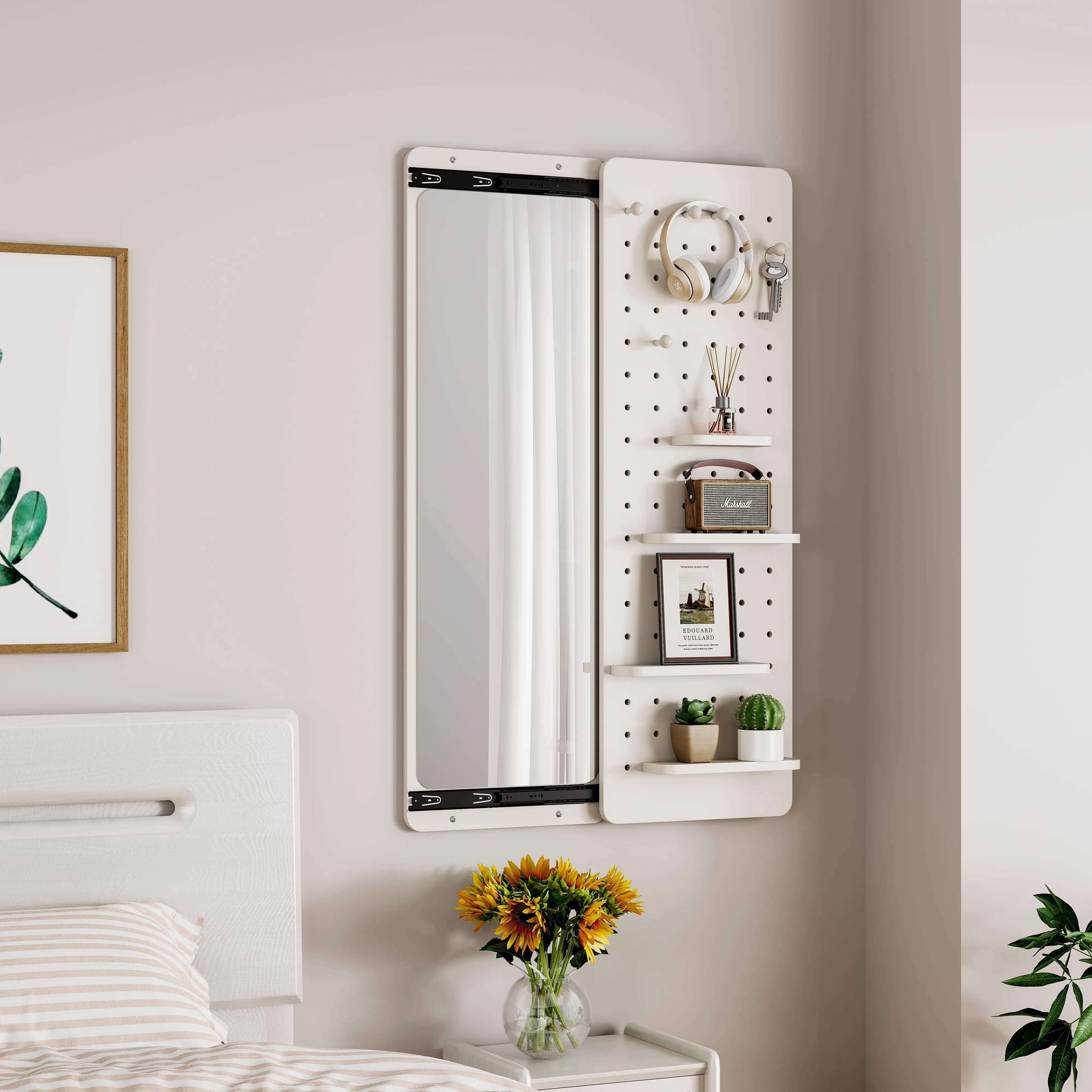 Multi-Functional Wall-Mounted Full-Length Mirror with Push-Pull Design Panel, Space-Saving Hallway Wall Coat Rack Furniture for Bedroom, Living Room