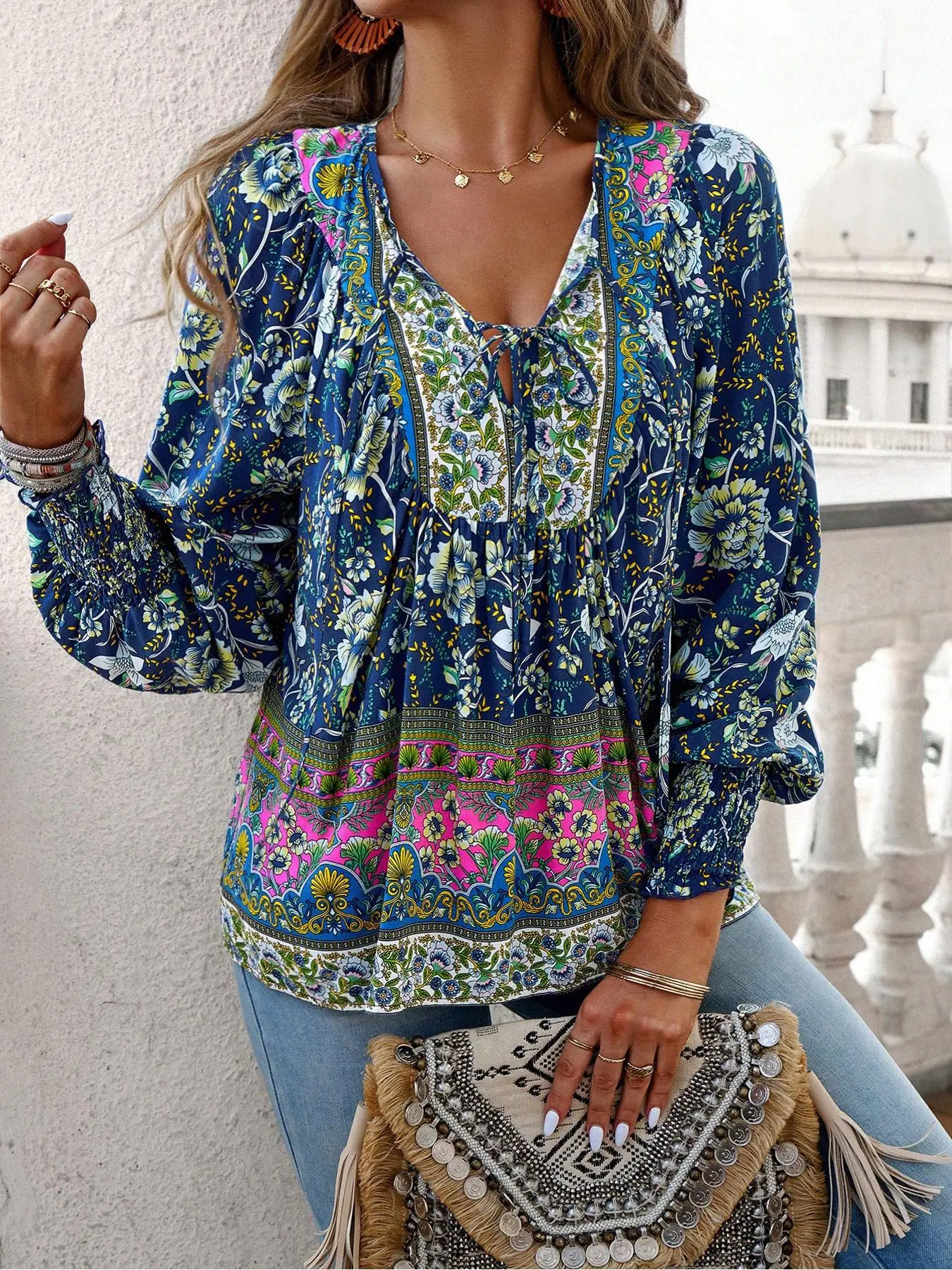 Women's All Over Floral Print Tie Front Blouse Shirts, Boho V Neck Long Sleeve Bishop Sleeve Frill Trim Ruffled Top for Fall & Winter, Women's Clothes for Daily Wear