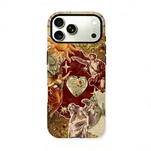 Renaissance Art Collage Case for iPhone 17/16/15/14/13/12/11 Pro Max, Vintage Angel & Greek God Aesthetic Cover, Unique Golden Heart Locket & Sun Mythology Luxury Case