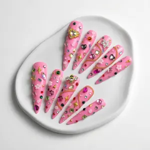 Contains Jelly,Chrome,Sculptural,Gemstone,Nails in the title, attribute, or description,  Contains Luxury,Reusable,Stiletto,Nails in the title, attribute, or description  ， diamond ,3d nails, Gold Crystal Gemstone Press-On Extra Long Pink French Tip