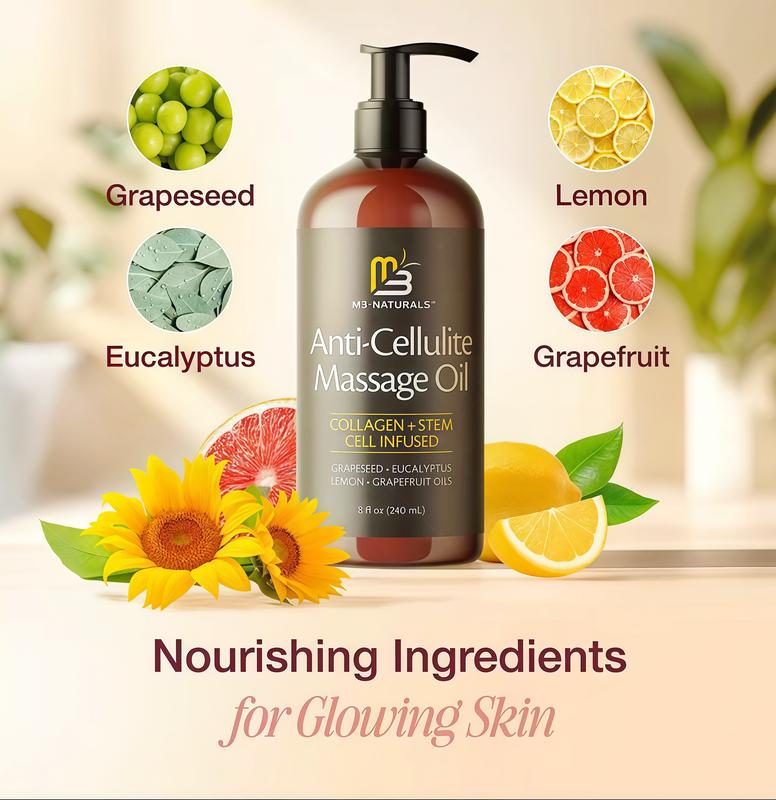3 Pcs M3 Naturals Cellulite Massage Oil 8oz-Smooth the Appearance of Cellulite-Body Care & Skin Care Massage Oil GS-Topical Collagen and Plant Stem CellBody Oil to Restore Texture and Elasticity-Soothing Body Oil