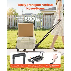 Hand Truck, 500 lbs Load Capacity, Collapsible Luggage Cart with 6 Wheels, 2 Elastic Ropes & Expandable Base, Utility Dolly Platform Cart for Airport Travel Luggage Office Moving, Black