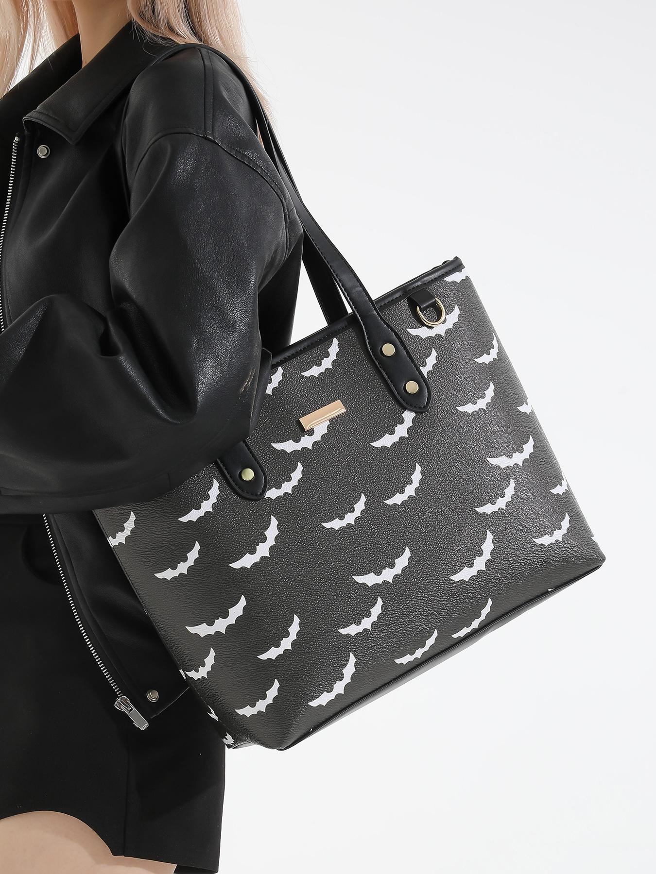 Women's Elegant Bat Pattern PU Leather Tote Bag – Large Capacity Shoulder & Crossbody Bag for Work, Halloween & Daily Use