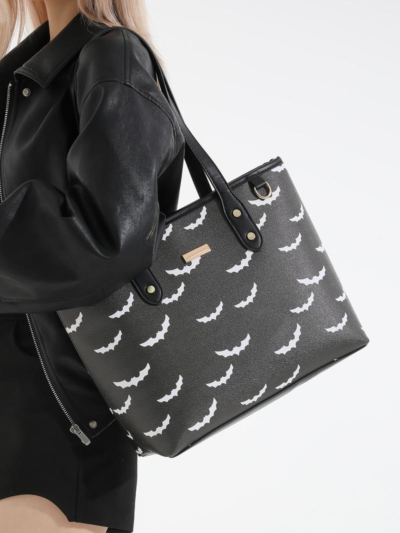 Women's Elegant Bat Pattern PU Leather Tote Bag – Large Capacity Shoulder & Crossbody Bag for Work, Halloween & Daily Use