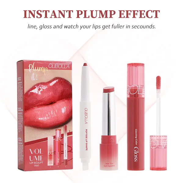 3-Piece Plumping Lip Combo Kit with Liner, Lipstick & Gloss - Peptide-Infused Formula for Fuller, Nourished Lips with All-Day High-Shine Wear, Lip Combo Kits, 3 Steps, Zero Stress