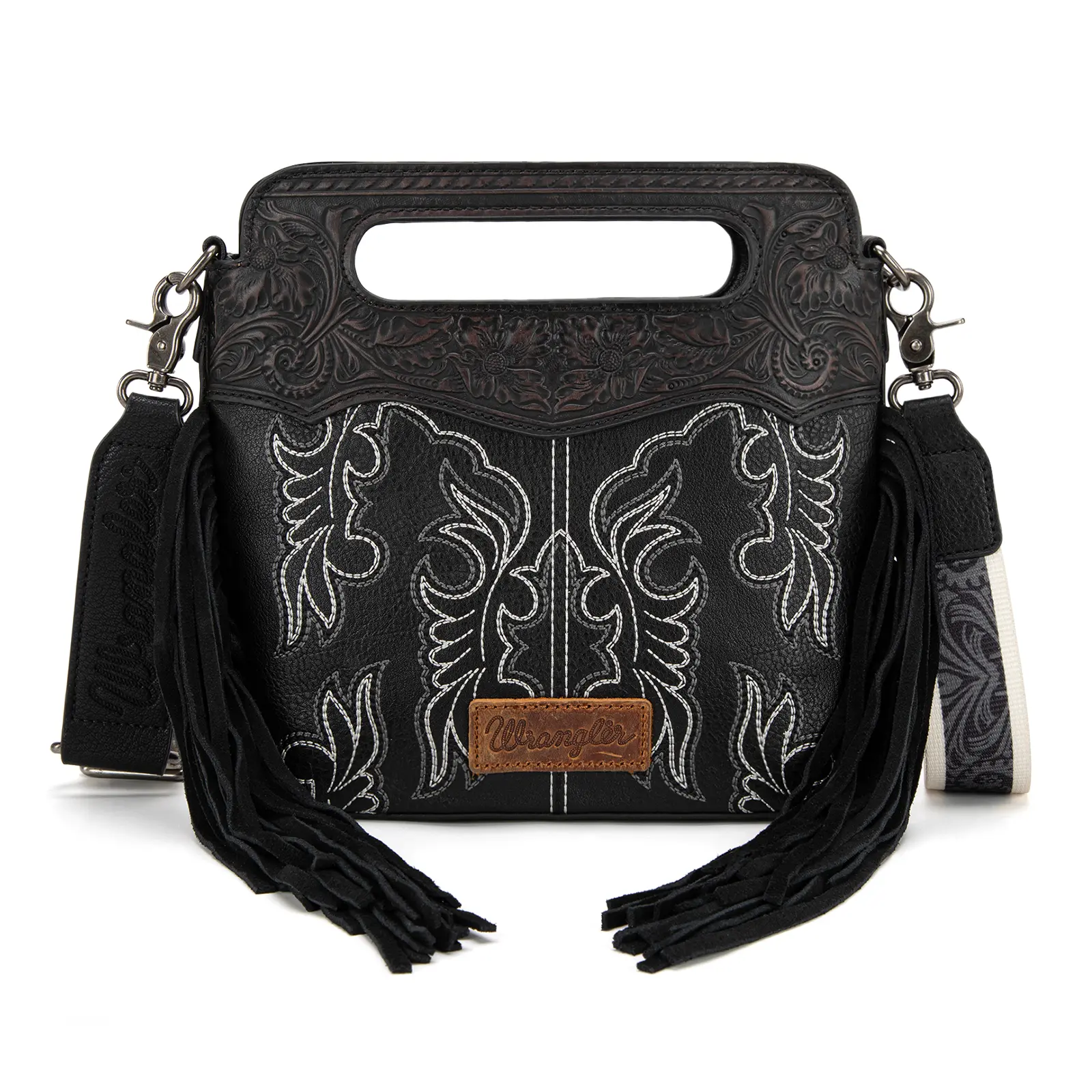 Wrangler Western Top Handle Crossbody Bag for Women - Pink Floral Toured Pattern Genuine Leather Fringe & Embroidered Boot Stitching Zip Closure