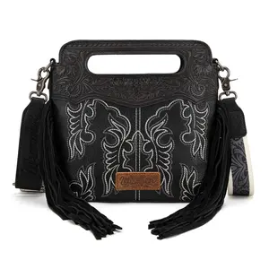 Wrangler Western Top Handle Crossbody Bag for Women - Pink Floral Toured Pattern Genuine Leather Fringe & Embroidered Boot Stitching Zip Closure