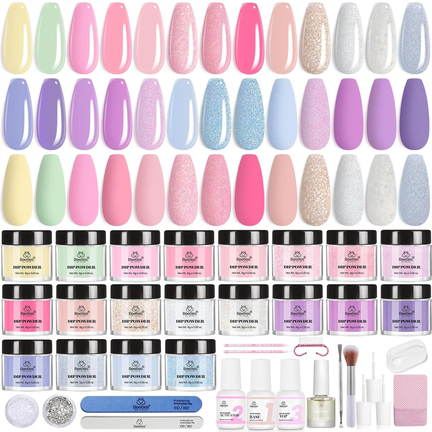Beetles Dip Powder Nail Kit, 20 Colors Pastel Pink Purple Pearl Blue Shimmer Chameleon Green Colors Dip Nails Powder Starter Kit with Base Top Coat Activator Cuticle Oil Nail Set for Women