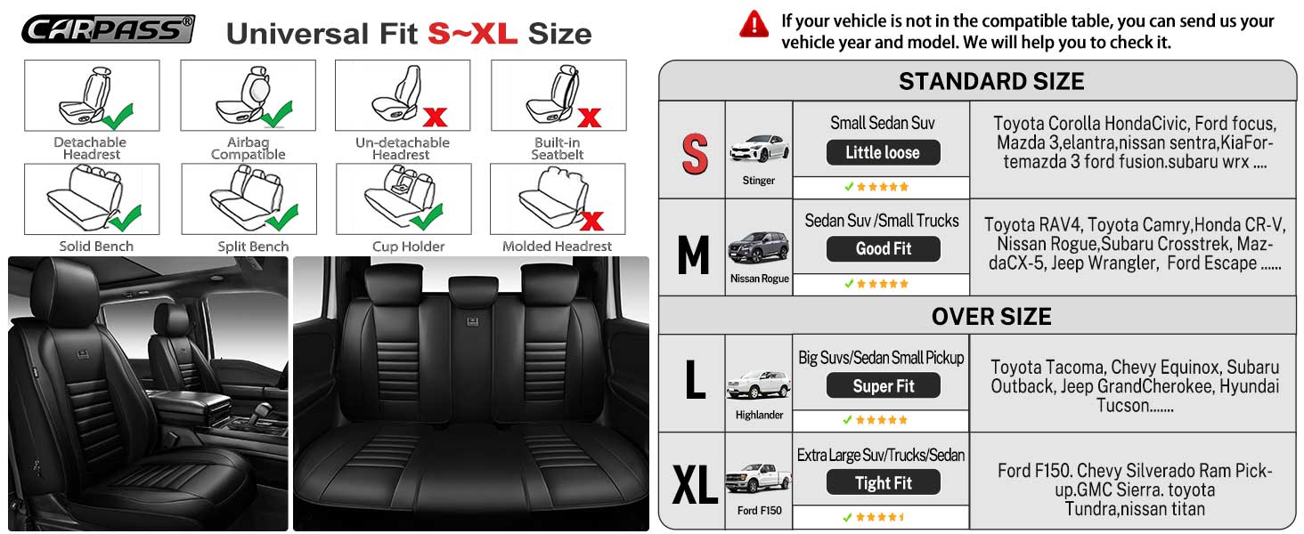 CAR PASS Nappa Leather Seat Covers Protection for Front Seats Universal Waterproof & Anti-Slip Design Airbag Compatible for Sedan, SUV, Pickup Truck  Black 1 Count